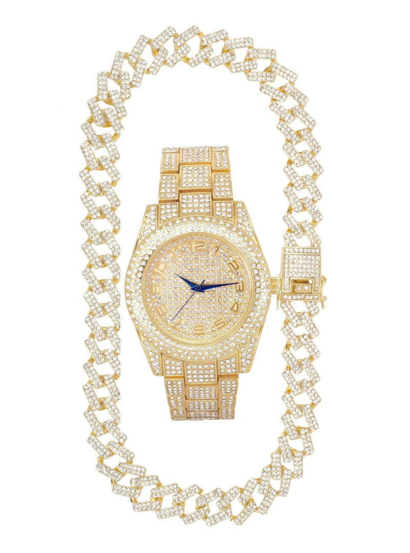 [Australia] - Ice on Blast! Bling'ed Out Hip Hop Rolly Looks with Ice on Watch Trim and Band with Matching Zig Zag Bling'ed Out Necklace Sets - ZZ Necklace Sets ST10328 Gold/Gold 