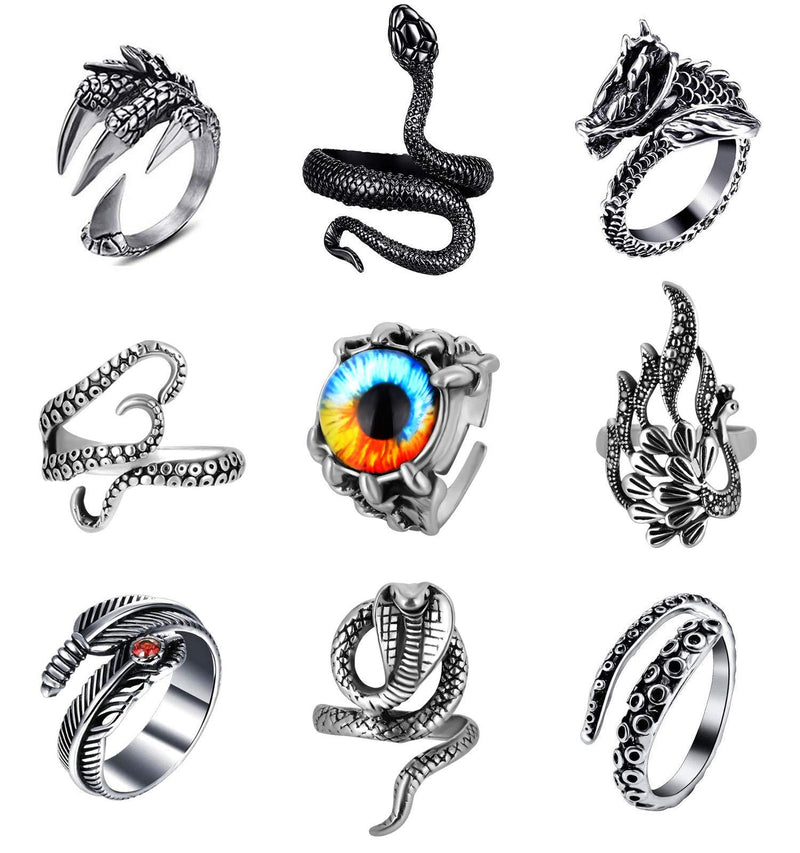 [Australia] - Sunssy 9 Pieces Vintage Punk Rings for Men Gothic Dragon Claw Octopus Cobra Snake Rings Open Adjustable Ring Set Jewelry Style A 