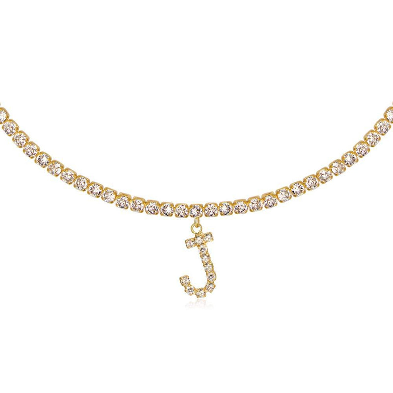 [Australia] - Letter Necklace 14k Gold Plated Tennis Chain Initial Choker Bling Iced CZ Diamond Necklace for Women J 