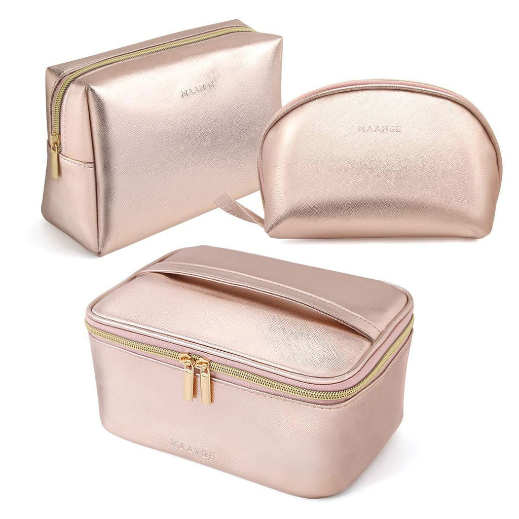 [Australia] - MAANGE 3 Pcs Makeup Bag Portable Travel Cosmetic Bag Large Makeup Bag Organizer with Gold Zipper Waterproof Toiletry Bags for Women and Girls(Rose Gold) 