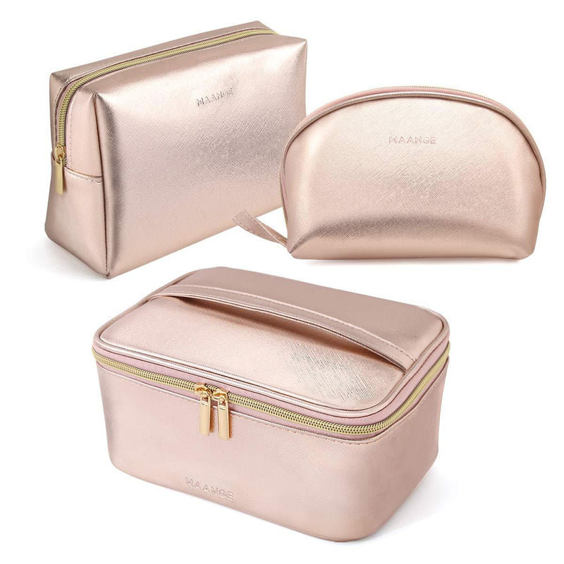 [Australia] - MAANGE 3 Pcs Makeup Bag Portable Travel Cosmetic Bag Large Makeup Bag Organizer with Gold Zipper Waterproof Toiletry Bags for Women and Girls(Rose Gold) 