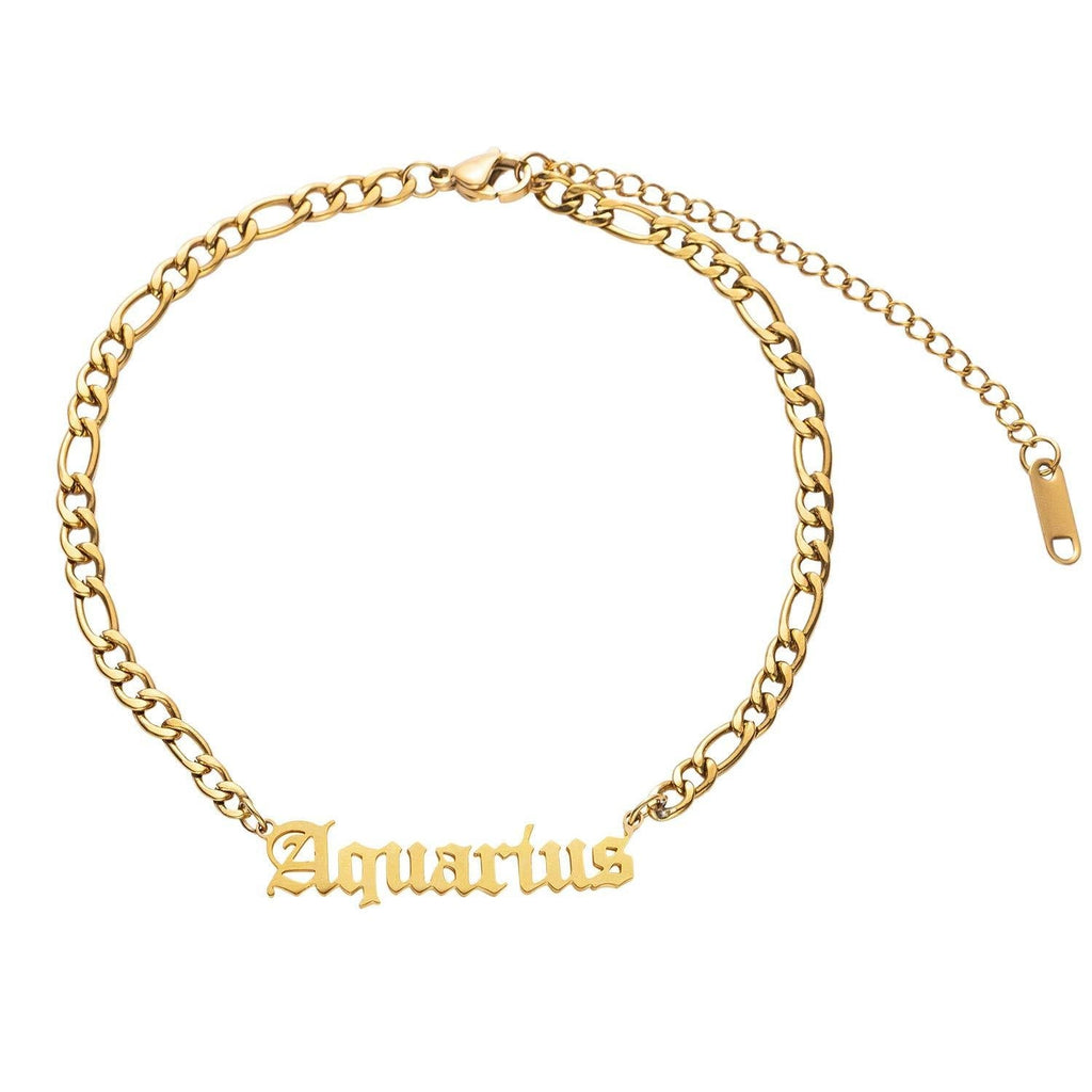 [Australia] - Zealmer Old English Gold Plated Stainless Steel Zodiac Letter Anklet Birthday Gift Aquarius 1.20-2.18 Gold 