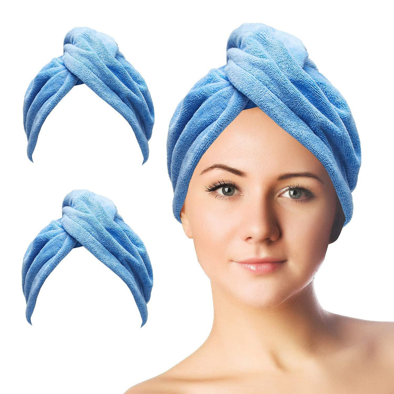 [Australia] - SHUNLU Microfiber Hair Towel, 2 Pcs Hair Drying Towels with Button, Microfiber Hair Cap Anti Firzz Bath Towel for Long Curly Thick Hair (Blue) Blue 