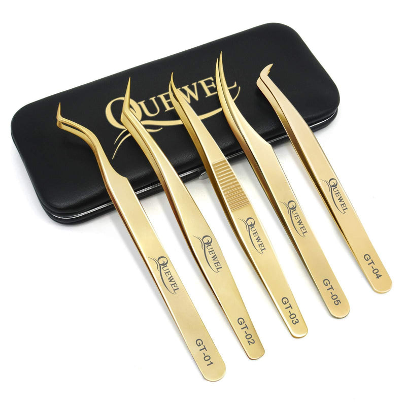 [Australia] - Volume Eyelash Extensions Tweezers Set 5 PCS,Stainless Steel Lash Tweezers Curved Precision Tweezers for Eyelash Extensions Eyelash Extension Tweezers Application Gold 