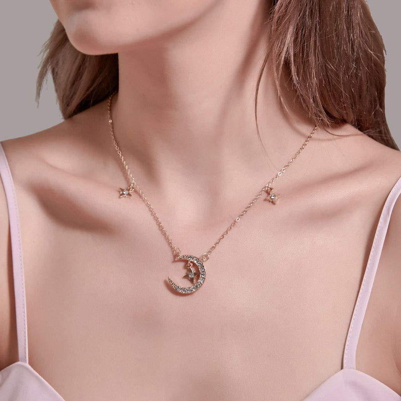 [Australia] - TseanYi Moon Star Pendant Necklace Tiny Crescent NorthStar Choker Necklace Rrhinestone Moon Necklace Jewelry for Women and Girls (Rose Gold) Rose Gold 