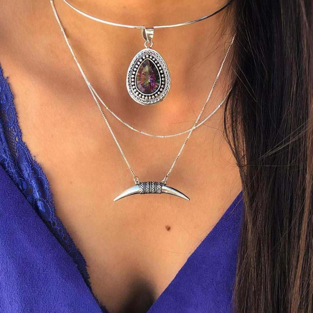 [Australia] - TseanYi Bohemian Necklace Crescent and Water Drop Crystal Pendant Silver Boho Multilayer Necklace for Women and Girls 