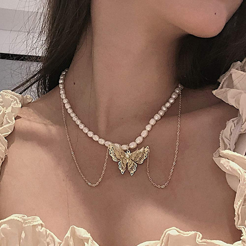 [Australia] - TseanYi Pearl Butterfly Choker Necklace Gold Layering Chain Collar Necklace Elegant Bridal Chain Necklace Jewelry for Women and Girls (Gold) 