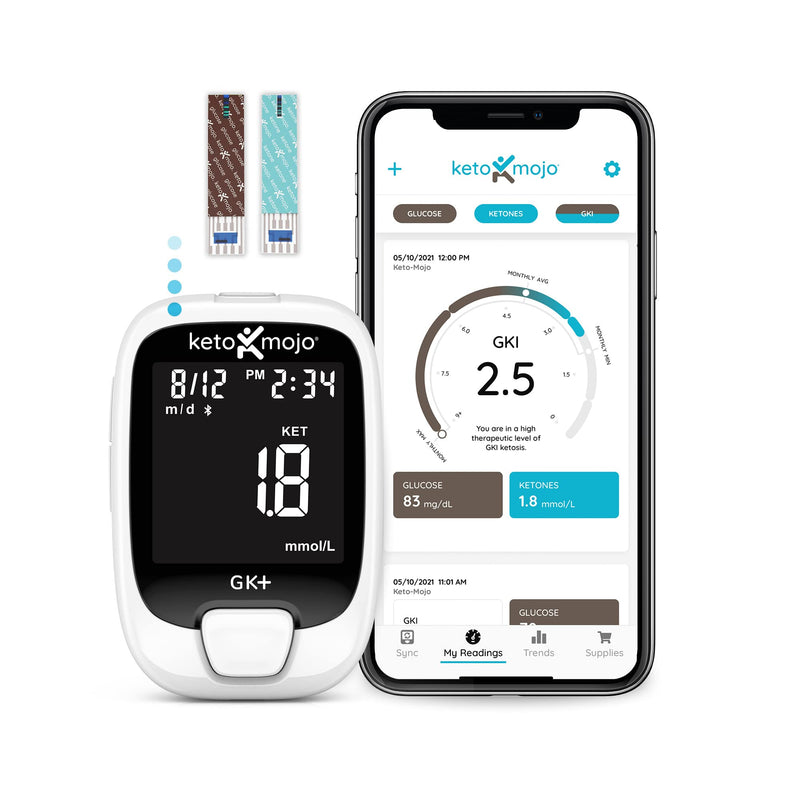 [Australia] - KETO-MOJO GK+ Bluetooth Glucose & Ketone Testing Kit + Free APP for Ketosis & Diabetes Management. 20 Blood Test Strips (10 Each), Meter, 20 Lancets, Lancing Device, and Control Solutions 