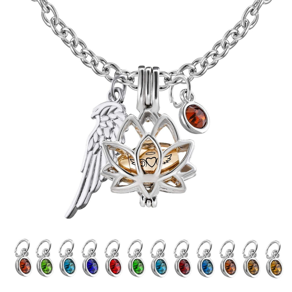 [Australia] - PREKIAR Lotus Flower Urn Necklace for Ashes Cremation Jewelry Pendant Keepsake with Angel Wing and 12 Birthstones Lotus Flower1- Silver & Gold 