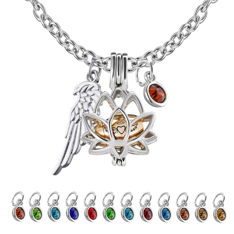 [Australia] - PREKIAR Lotus Flower Urn Necklace for Ashes Cremation Jewelry Pendant Keepsake with Angel Wing and 12 Birthstones Lotus Flower1- Silver & Gold 