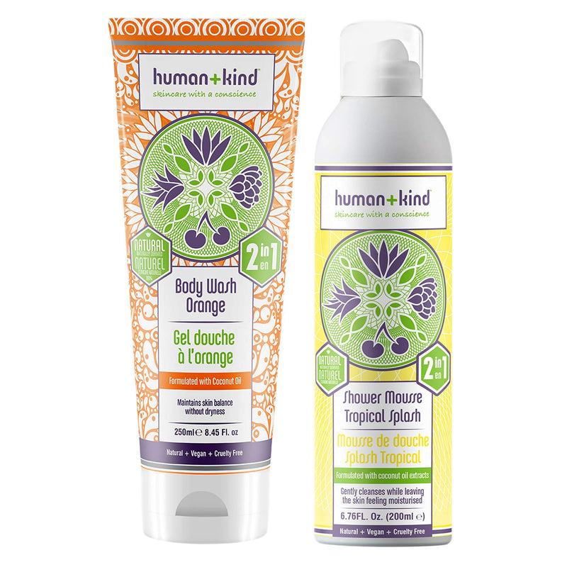 [Australia] - Body Wash by Human+Kind for Unisex - 2 Pc Kit 8.45oz Body Wash - Orange, 6.76oz Shower Mousse Bodywash - Tropical Splash 