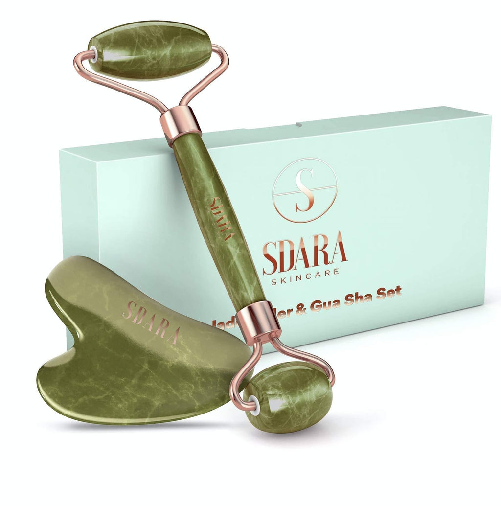 [Australia] - Sdara Gua Sha Stone and Jade Roller Set - Face Roller & Scraping Massager for Facial Slimming, Reducing Wrinkles & Puffy Eyes - Essential Skin Care Tools (Jade) 