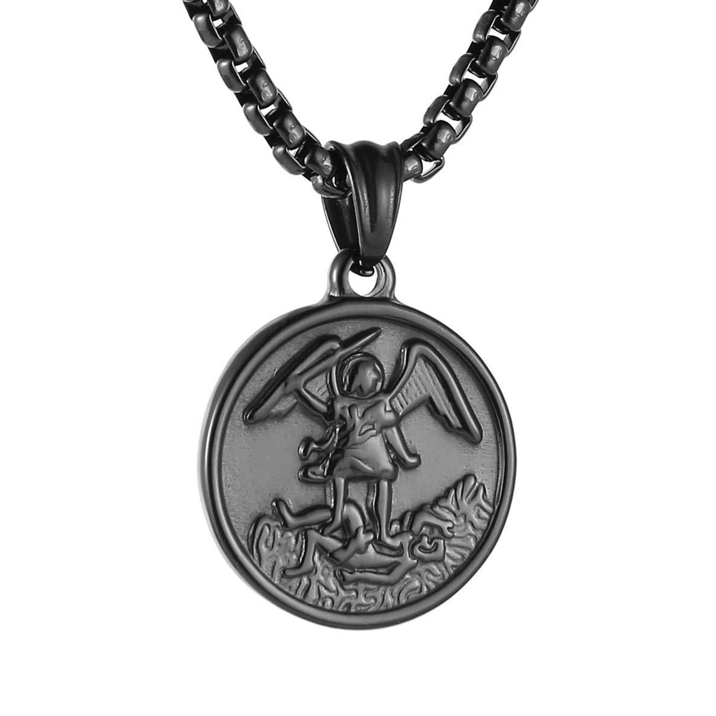 [Australia] - HZMAN Saint Michael Archangel Round jewelry medal Pendant Stainless Steel Necklace 22 + 2 Inch Chain Black 