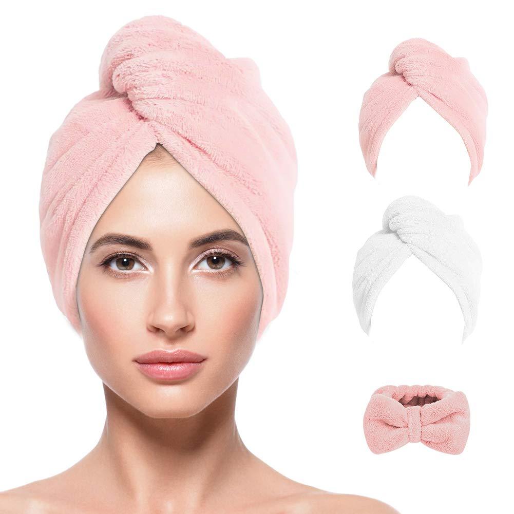 [Australia] - TuXHui Microfiber Hair Towel Wraps for Women, Super Absorbent Anti-Frizz Hair Drying Towels Quick Dry Hair Turbans for Drying Curly, Long, Thick Hair Pink/White 