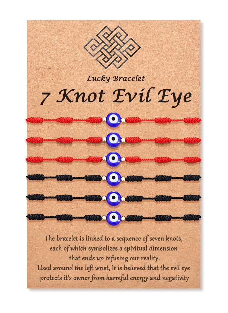 [Australia] - (Ver.3) Tarsus Evil Eye 7 Knot Lucky Bracelets Adjustable Red String Amulet for Women Men Little Girls & Boys Black & Red 