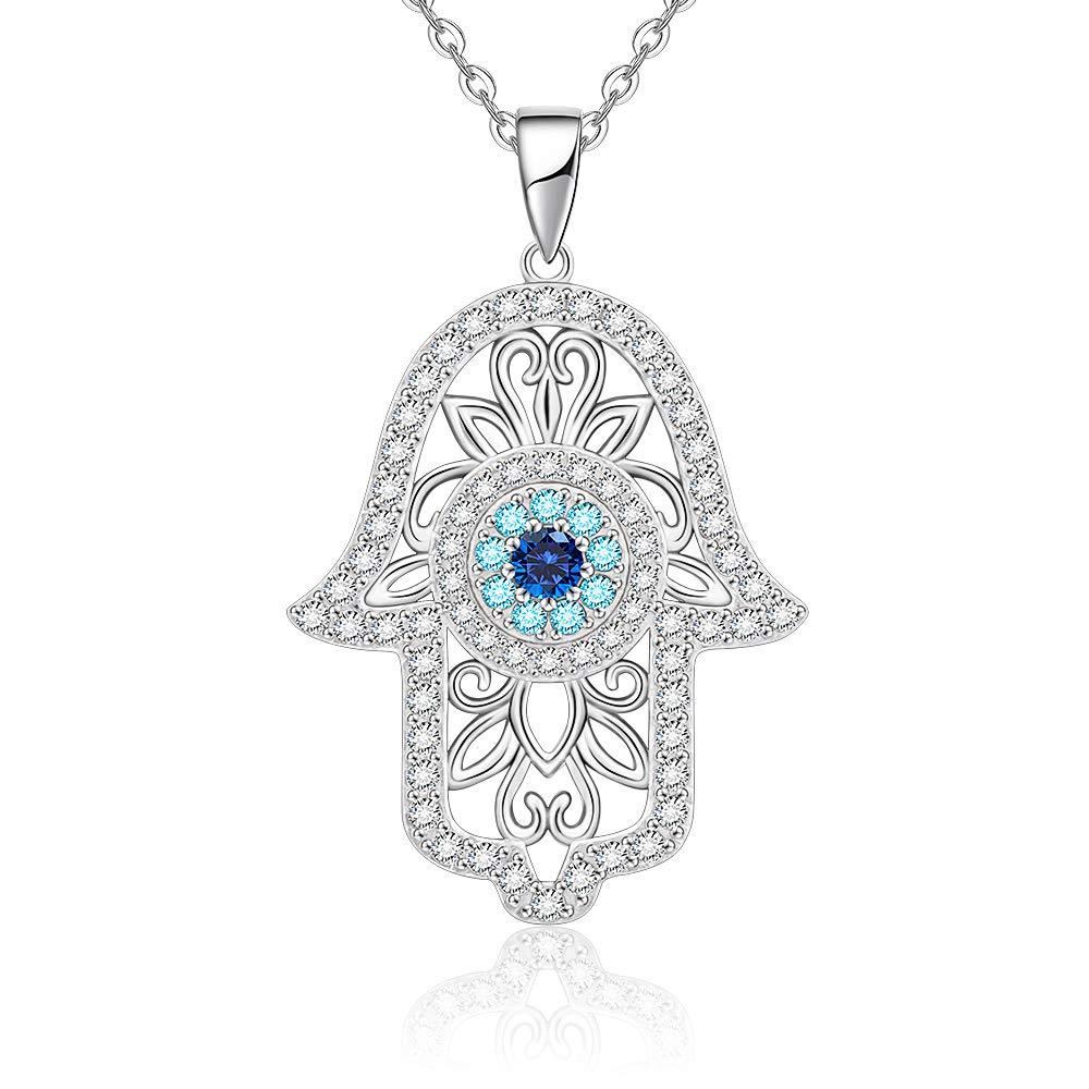 [Australia] - Hamsa Hand Necklace Evil Eye Necklace with 925 Sterling Silver Inside Good Luck Protection Charm Necklace Vintage Fatima Hand Pendant Cute Cz Zirconia Blue Opal Jewelry Gift for Woman Girls White Gold Hamsa Hand Evil Eye Necklace 