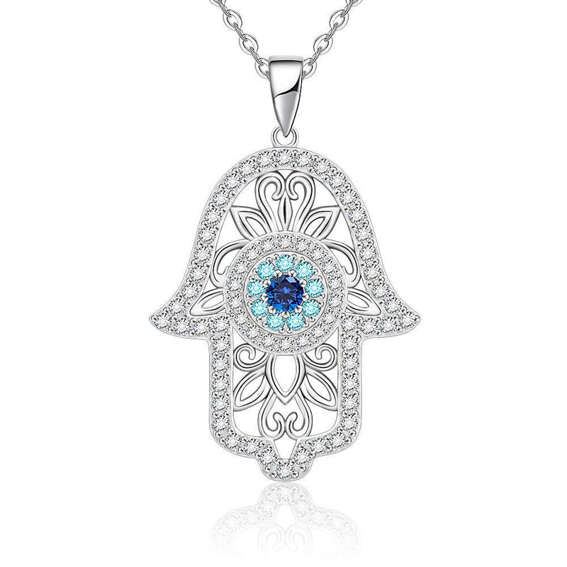 [Australia] - Hamsa Hand Necklace Evil Eye Necklace with 925 Sterling Silver Inside Good Luck Protection Charm Necklace Vintage Fatima Hand Pendant Cute Cz Zirconia Blue Opal Jewelry Gift for Woman Girls White Gold Hamsa Hand Evil Eye Necklace 