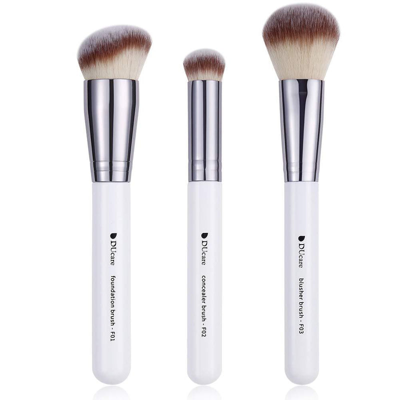 [Australia] - DUcare Makeup Kabuki Brushes 3Pcs Foundation Brush& Concealer Brush& Blusher Brush Face Blush Bronzer Travel Buffing Stippling Contour Liquid Blending Makeup brush set White 