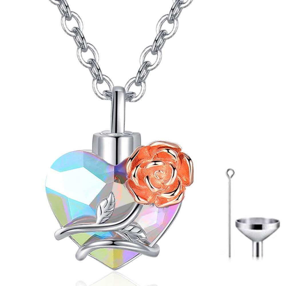 [Australia] - Cremation Jewelry for Ashes, Urn Necklaces for Women Men 925 Sterling Silver Sunflower Necklace Pendant with Swarovski Crystal Engraved Forever in My Heart Memorial Loved Ones Ashes Mini Keepsake Rose with Crystal 