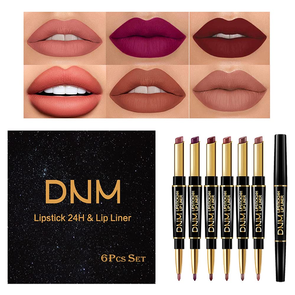 [Australia] - 6Pcs Lip Liner and Lipstick Set, DNM Double Color Head Matte Lipstick 24H & Lip Liner 2 in 1 Kit,Waterproof Long Lasting Dark Red Matte Mat Lipstick Gift Set with Matching Lipliner Pens 