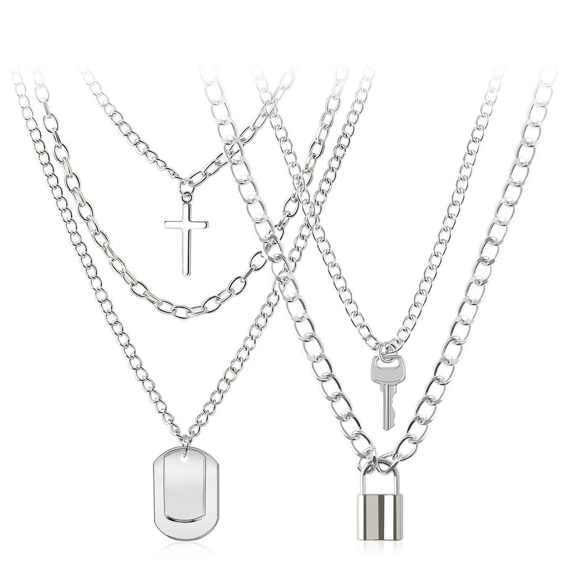 [Australia] - BVROSKI Chains Necklace for Eboy Egirl Men Male Emo Goth Women Teen Girls Boys,2 Layered Lock Key Pendants Necklaces Set,Stainless Steel Jewelry Pack for Pants Punk Play Cross 3pcs + Key Lock Silver (5 layer) 