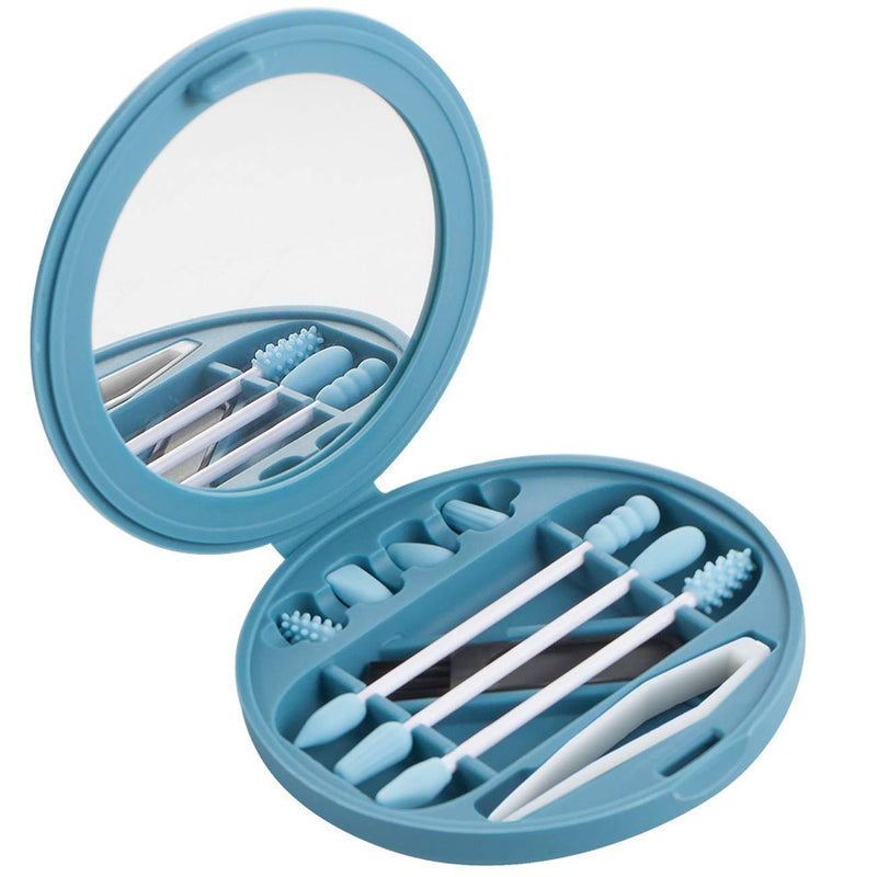 [Australia] - Strogem Reusable Cotton Swabs with 1 Mirror for Makeup Application and Cleaning, Multifunctional Portable Washable Silicone Q-Tip (Blue) Blue 