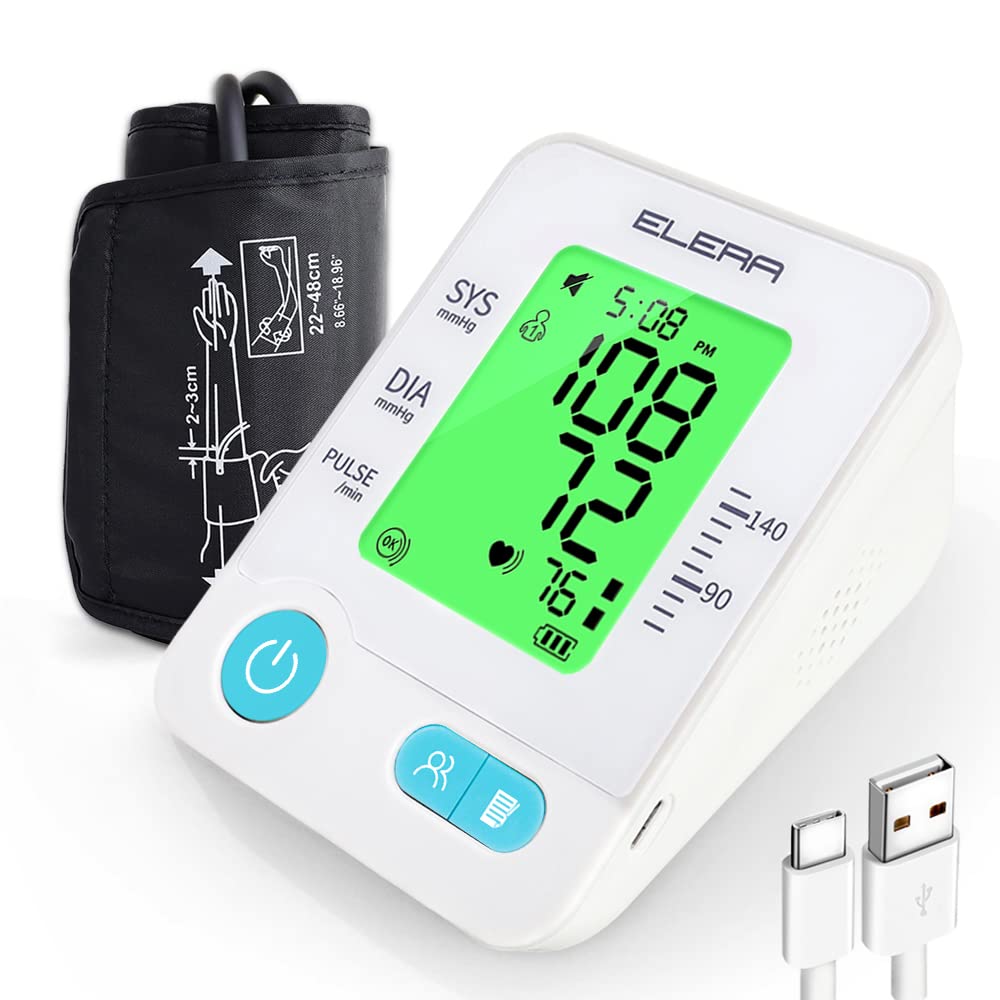 [Australia] - Large Cuff Blood Pressure Machine, Elera 5.56-18.96 Automatic Digital High Blood Pressure Monitors for Home Use, Suitable for Upper Arm, Measuring BP & Heart Rate, Type C Cable (White) White 