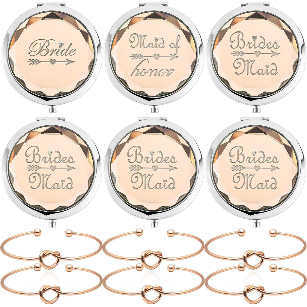 [Australia] - 6 Pack Bridesmaid Gifts Set Include 1 Bride 1 Maid of Honor 4 Bridesmaid Pocket Compact Makeup Mirrors and 6 Pack Love Knot Bracelets for Bachelorette Party Bridesmaid Proposal Gifts. (champagne) Champagne 