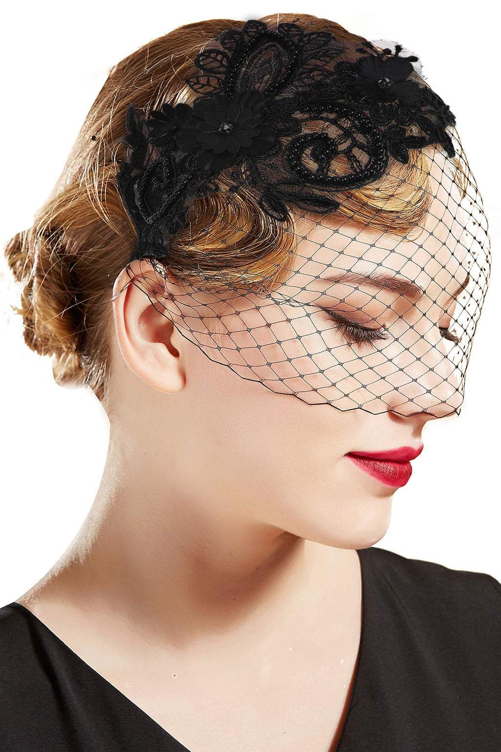 [Australia] - BABEYOND Bridal Wedding Veil Fascinator Mesh Lace Headband Tea Party Fascinator Black 