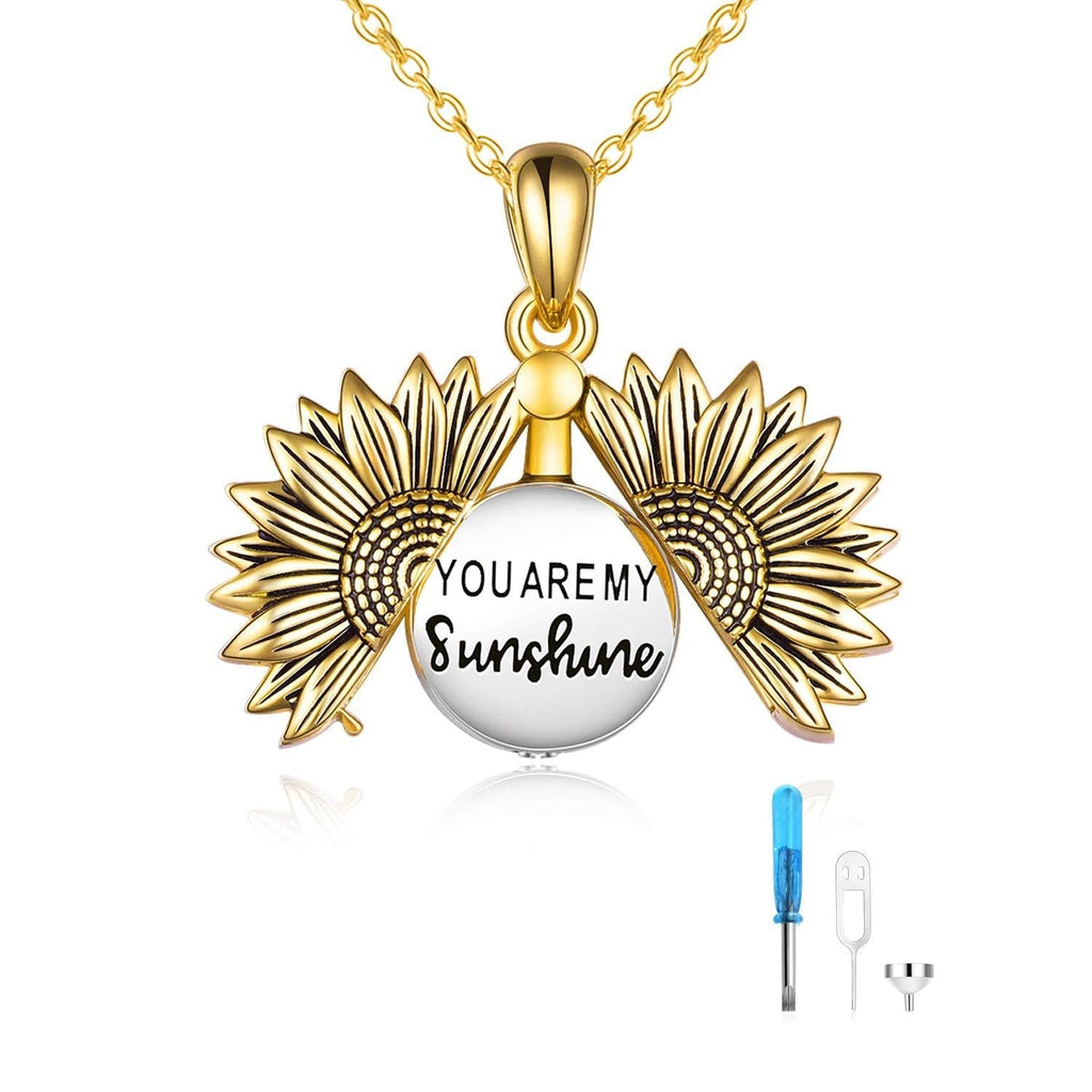 [Australia] - ONEFINITY Sterling Silver Sunflower Urn Necklace for Ashes You are My Sunshine Pendant Cremation Jewelry for Ashes of Loved Ones Keepsake Vintage Gold Sunflower urn necklace 