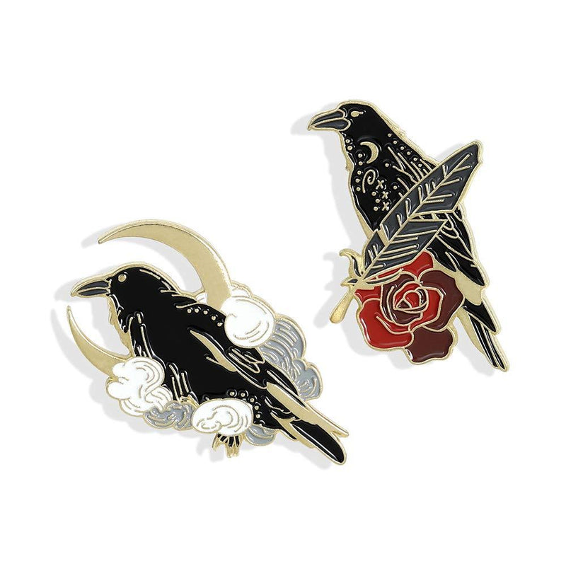 [Australia] - Black Crow Enamel Pins Set Art Rose Moon Lapel Pin Cute Aesthetic Badges for Children Women Backpack Shirt Denim Bag 2pcs 