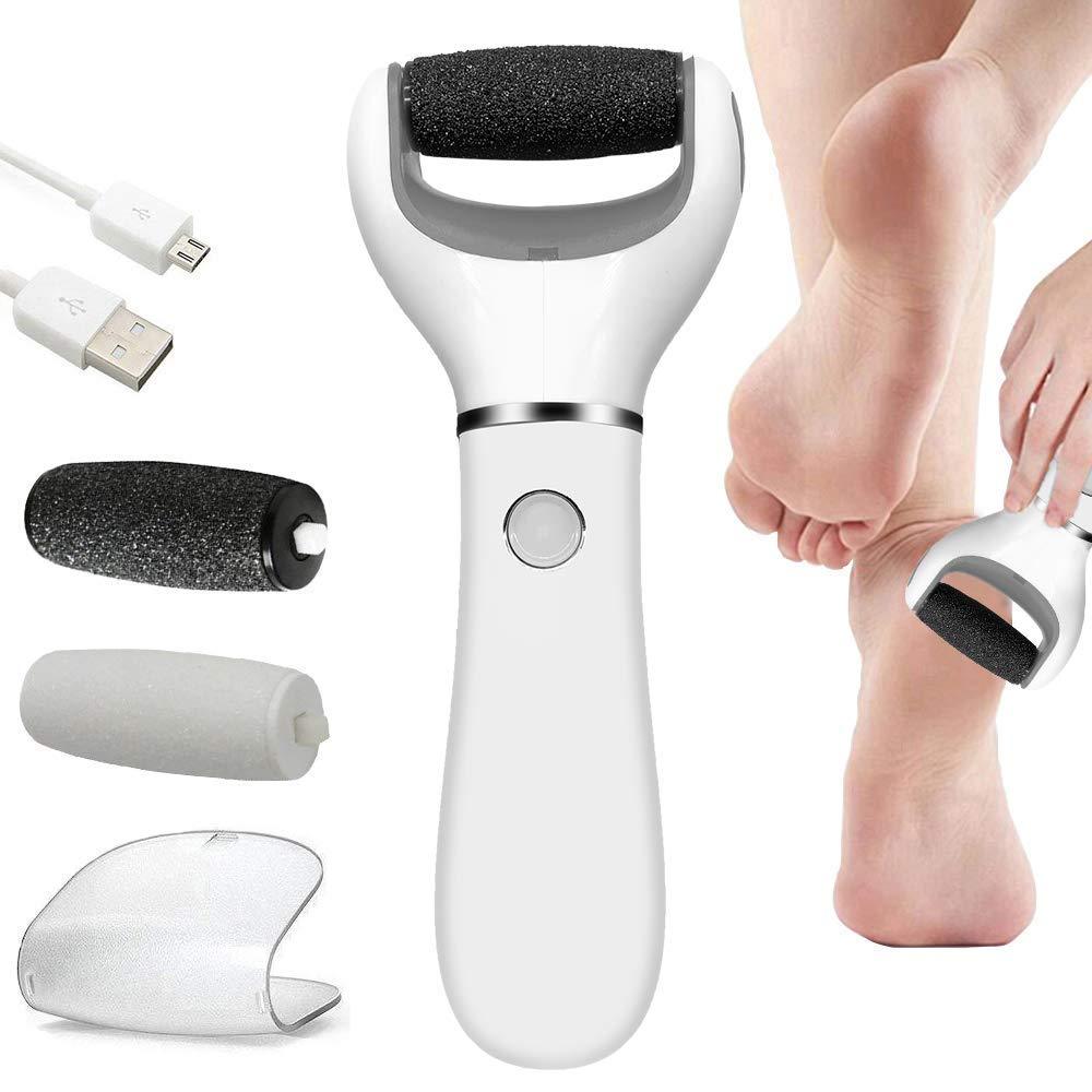 [Australia] - BOMPOW Electric Foot Scrubber Foot File Hard Skin Remover Pedicure Tools Electronic Callus kit for Cracked Heels and Dead Skin with 2 Roller Heads, White 