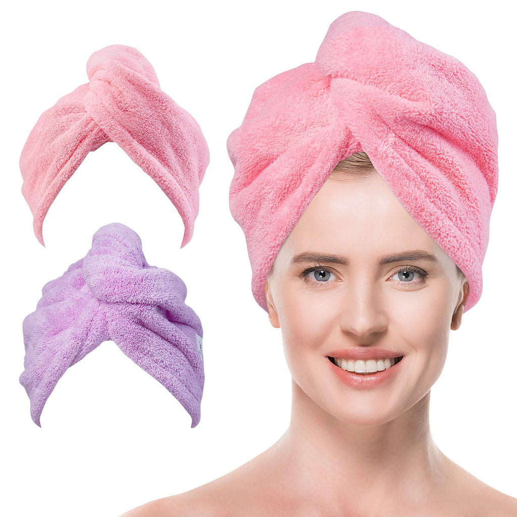 [Australia] - Super Absorbent Microfiber Hair Towel Wrap Quick Dry Hair Turban for Women Long Thick & Curly Hair 2 Pack (Pink & Purple) Pink-purple 