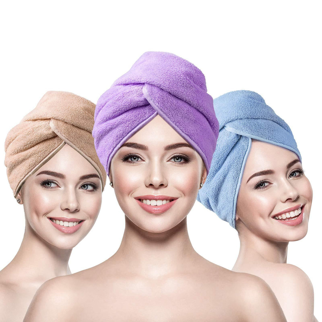 [Australia] - INNELO 3 Pack Microfiber Hair Towel Wrap for Women, Hair Drying Towels Turban with Buttons, Super Anti Frizz Absorbent & Soft Drying Hair Wraps For Curly, Long & Thick Hair(Purple Blue Coffee) 
