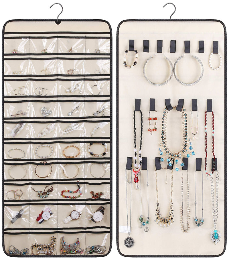 [Australia] - MISSLO Dual-sided Hanging Jewelry Organizer with 40 Pockets and 20 Hook & Loops Closet Necklace Holder for Earring Bracelet Ring Chain with Rotating Hanger, Beige 