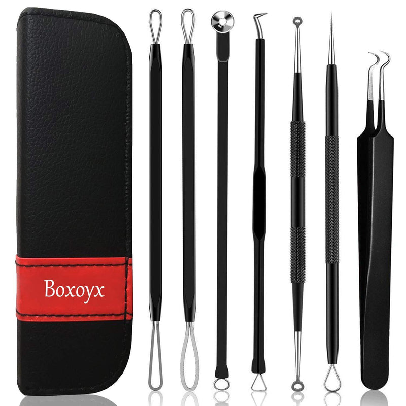 [Australia] - Pimple Popper Tool Kit - Boxoyx 7Pcs Blackhead Remover Comedone Extractor Kit with Leather Bag for Quick and Easy Removal of Pimples, Blackheads, Zit Removing, Forehead,Facial and Nose (Black) 