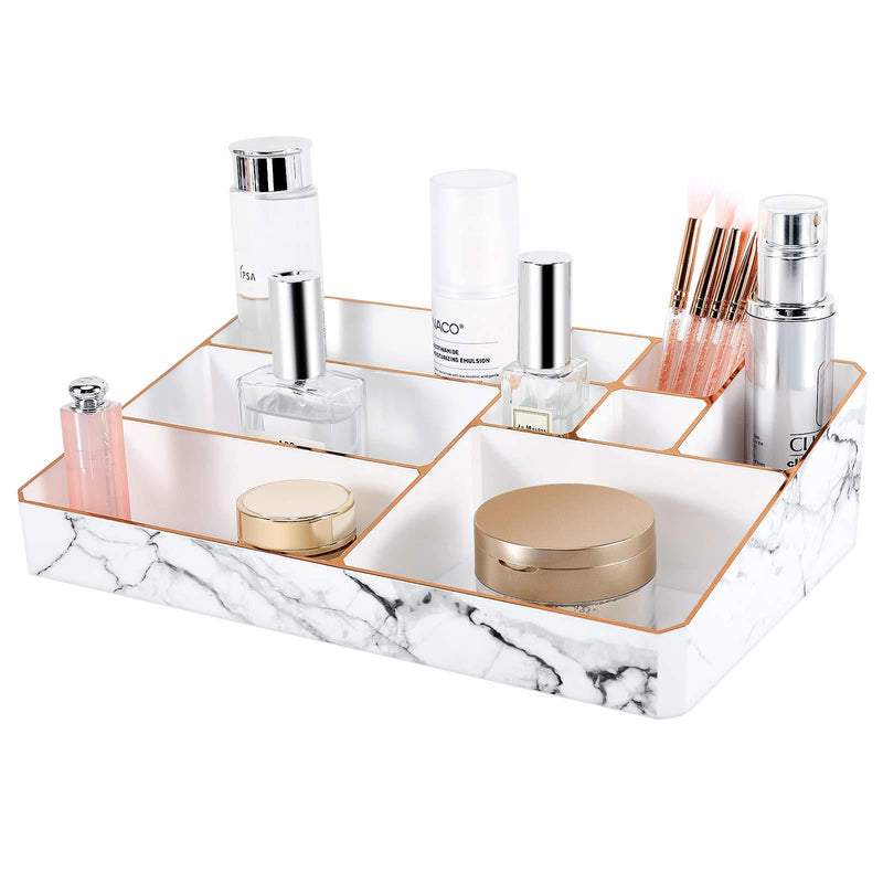 [Australia] - Lewondr Makeup Organizer, 9-Compartments Cosmetic Storage Display Case with Unique Gold-stamping Edges, Durable Makeup Accessories Storage Box Stand for Lipstick, Brushes, Jewelry - White Marble 