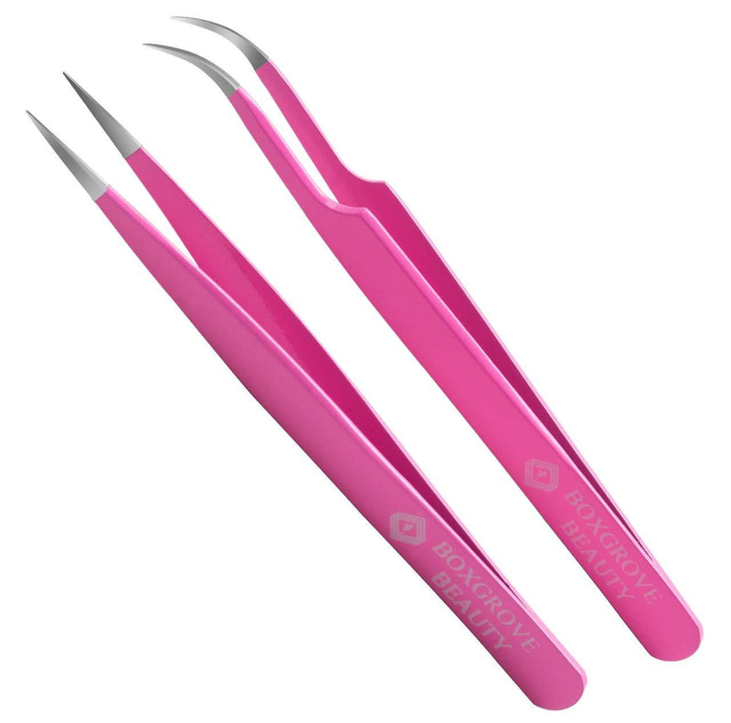 [Australia] - Lash Tweezers, Pack of 2 Stainless Steel Tweezers for Eyelash Extensions | Straight and Curved Tip Eyelash Tweezers | False Lash Application Tools 