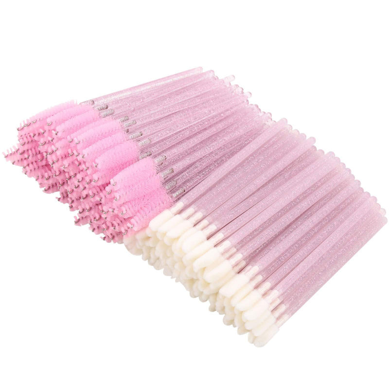 [Australia] - 200 Lip Brush and Eyebrow Spoolie, Crystal Disposable Lipstick Applicator, Mascara Wands, Makeup Beauty Tool Kits (Pink) 1 x 100 Lip Brush+100 Pink Mascara Wands 