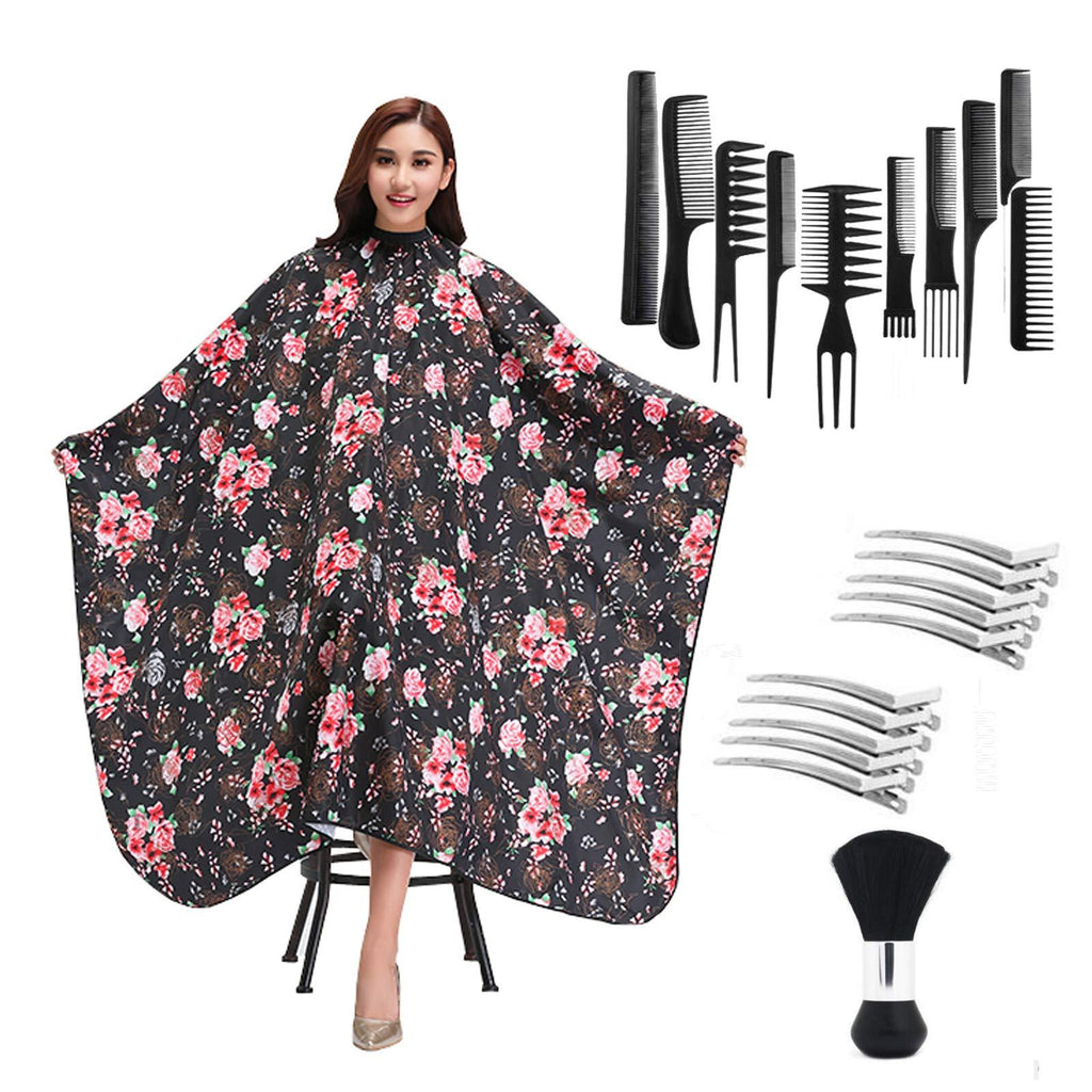 [Australia] - KAHOT Salon Professional Haircut Stylist Color Cape Shampoo&Cutting Hairdressing Barber Capes with Neck Duster Brush and Professional Hair Styling Comb Set,55"x63" (Rose Flower) Rose Flower 