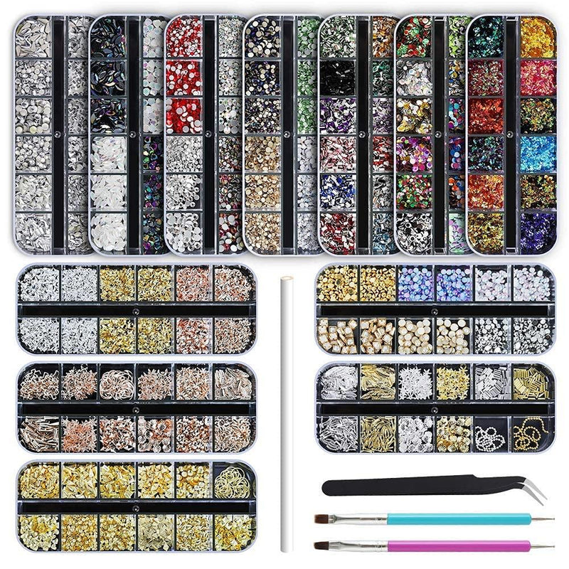 [Australia] - Artdone 12 boxes Nail Rhinestones,Nail Gems Nail Diamonds,Nail Art Studs Nail Crystals Nail Sequins for Nails Kit with 1 Tweezers and 3 Pen for Nail Art Supplies Accessories 