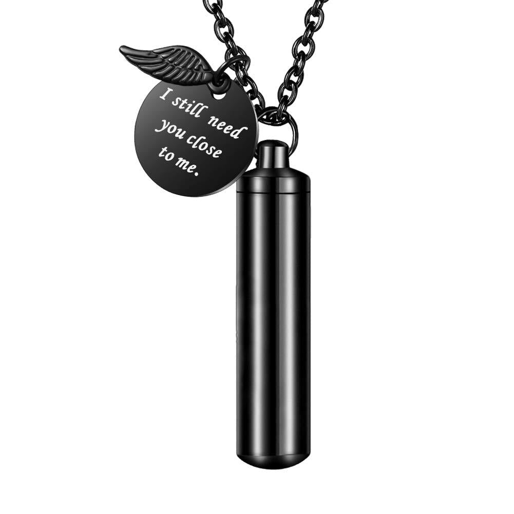 [Australia] - abooxiu Cylinder Urn Necklace for Ashes Cremation Jewelry/Keychain for Human Pet Stainless Steel Memorial Keepsake Pendant with Angel Wing Charm Ashes Jewelry Black L non-engraving 