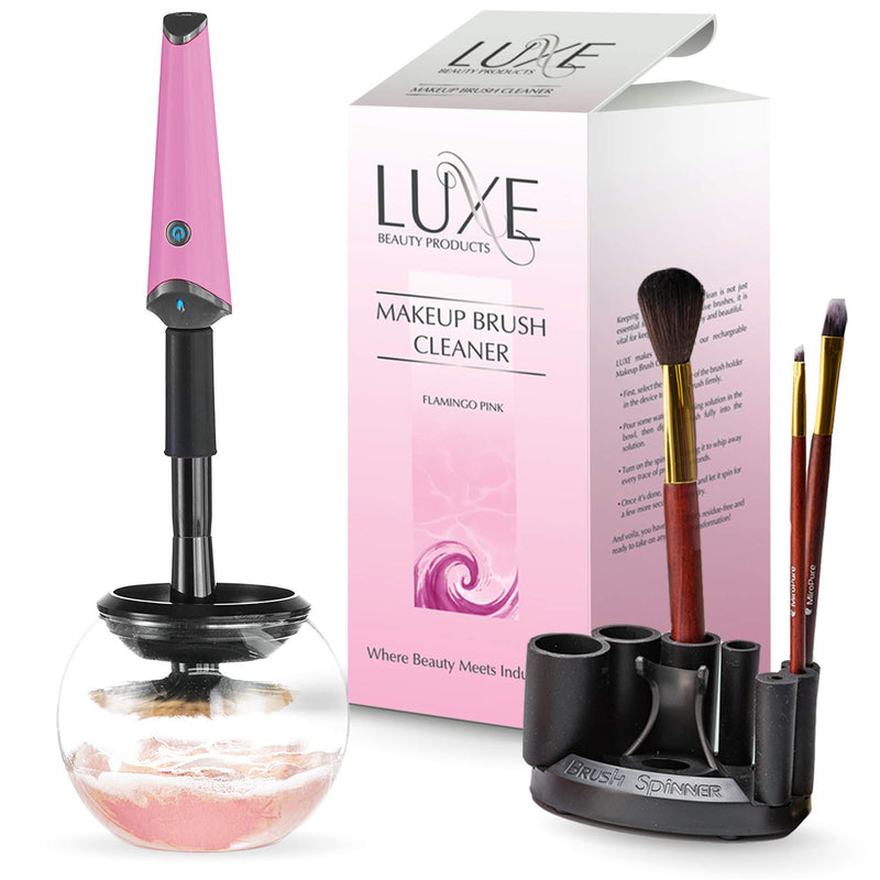 [Australia] - Luxe Electric Makeup Brush Cleaner | Includes Brush Spinner, Cleaner Dock, Brush Collars, Cleaning Bowl, AC Charging Cable, and User Guide | For Casual Makeup Users to Beauty Experts Pink 