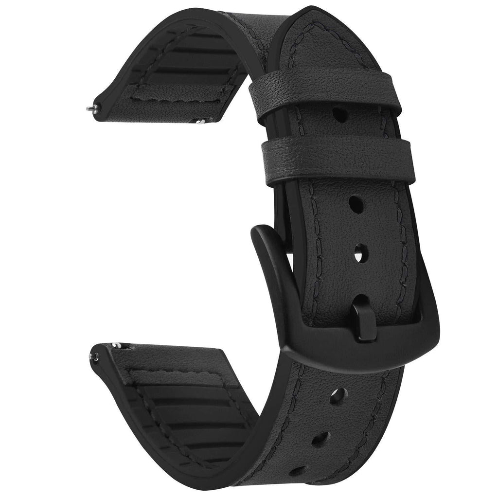 [Australia] - Fullmosa Quick Release Watch Band 22mm 20mm, Leather Silicone Hybrid Wacth Bands for Samsung Galaxy Watch/Huawei Watch/Garmin Forerunner/Amazfit Black+Black buckle 