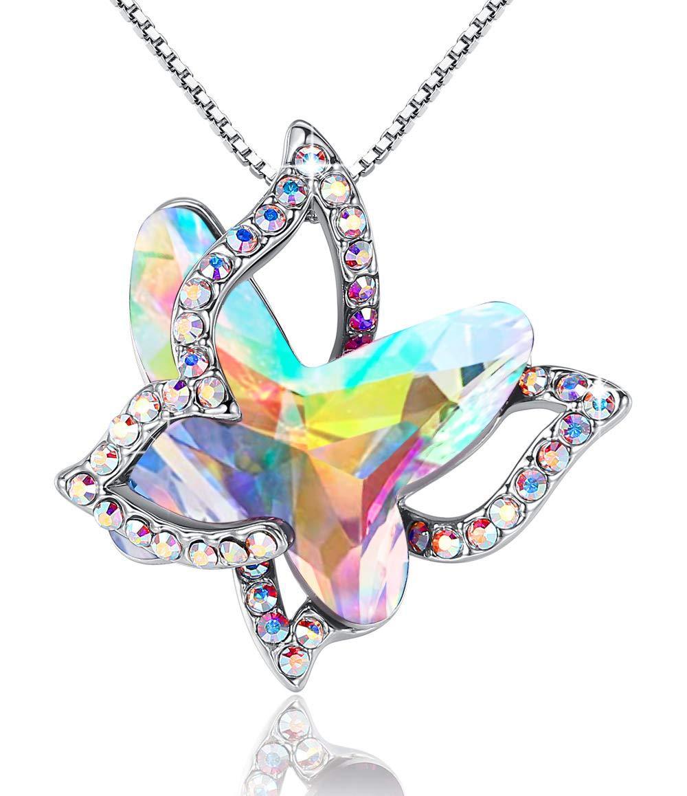 [Australia] - GEMMANCE Butterfly Crystal Necklace with Premium Birthstone, Silver-Tone, 18”+2” Chain April Birthstone - Rainbow Opal White Crystal 