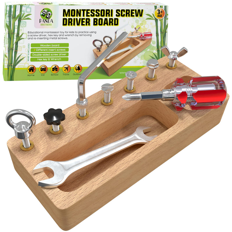 [Australia] - Panda Brothers Montessori Screwdriver Board Set - Wooden Montessori Toys for 3 4 5 Year Old Kids and Toddlers, Learning Sensory Bin Toys Preschool Materials, Fine Motor Skills Toys, Waldorf STEM Toys 