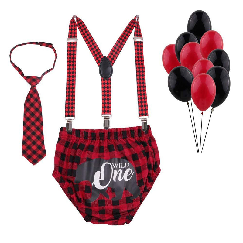 [Australia] - GUCHOL First Birthday Cake Smash for Baby Boys 1st Birthday Bloomers Party Supplies Suspenders Clothes Set Black Red & Bear 