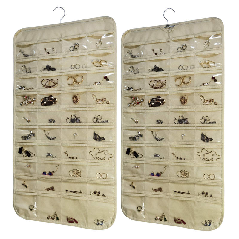 [Australia] - 2 Pack Hanging Jewelry Organizer with 80 Pockets ,Double Sided Closet Earring Storage for Necklace Bracelet with Hanger,Beige 