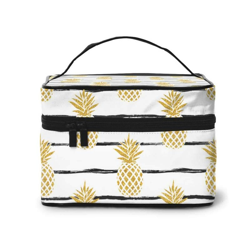 [Australia] - Summer Gold Pineapple On Striped Cosmetic Bag Travel Makeup Bags For Women Stylish Toiletry Organizer Train Cases Storage Bags Portable Multifunction Pouch 
