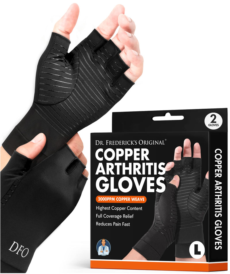 [Australia] - Dr. Frederick's Original Copper Arthritis Glove - 2 Gloves - Perfect Computer Typing Gloves - Fit Guaranteed - Large Fingerless - Black 